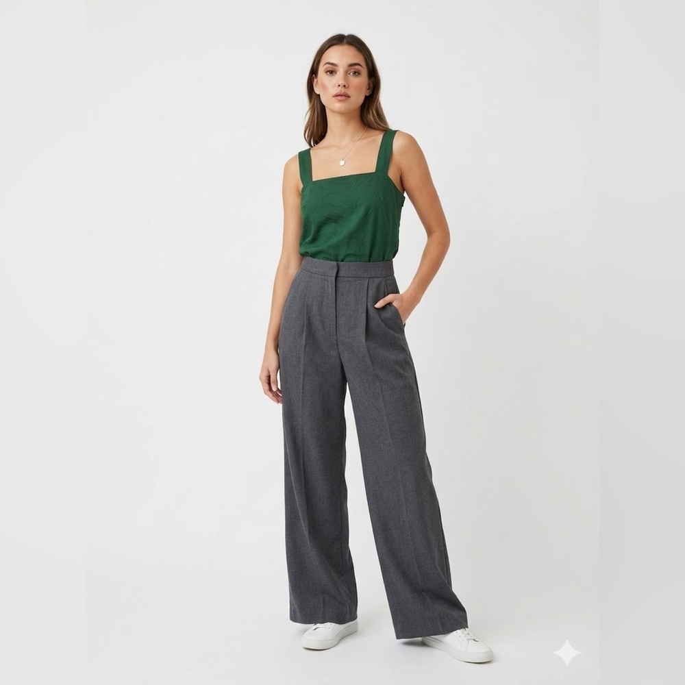 NWT Hae by Haekim Grey Wide Leg Pleated Trousers Dress Pants Size Small